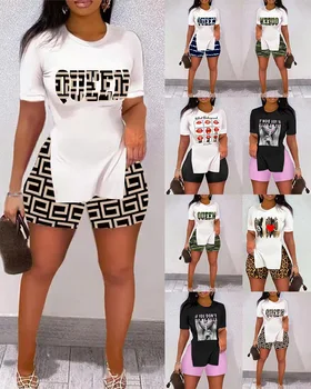 Summer Spring Fashion Vabaaja Tshirt Naiste 2tk Riiete Komplekt Lühikese Varrukaga T-Särk ja Kõrge Vöökoht lühikesed Püksid Tee Peal Püksid