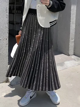 Prindi Sügis-Talv Pikk Kootud Seelik Naiste 2022 Korea Fashion Vintage Kõrge Waisted Must Plisseeritud Seelikud Midi Pikkus