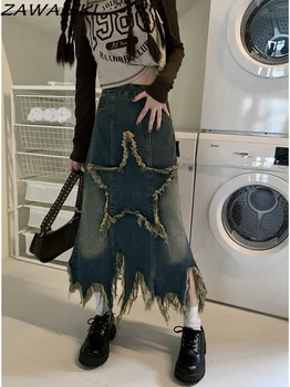 Y2K Naiste korea Fashion Kawaii Harajuku Star Põlve Pikkus on Midi Pikk Seelik Gooti Grunge Teksad Denim Maxi Seelikud Emo Riided