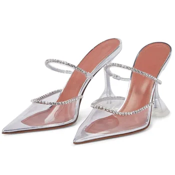 Suvel uus välimine kanda PVC sussid rhinestone silk stiletto pikad varba sandaalid pidulik kleit kõik-match suured naiste kingad