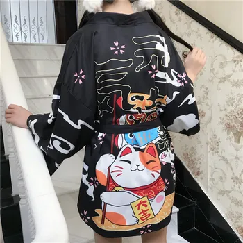 INS Punane Must Õnnelik Kass Prindi 2020 Lahti Suvel Rannas Kampsun, Tüdrukud Harajuku Jaapani Mood Kimono Stiilis Naine Tops Yukata