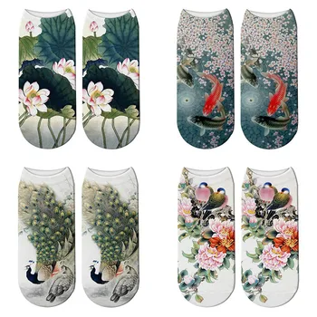 Uus 3D Trükitud Hiina Maali Lotus Sokid Suvel Naiste Värviline Tindi Värvi paabulind kalmaar Kawaii Lühikesed Sokid Calcetines Mujer