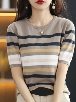 Camisetas Mujer T-Särk Triibuline Õhuke Kootud T-Särk Naistele, Tee Särk Femme Lühikesed Varrukad Vabaaja Suvel Tops Korea Stiilis Riided