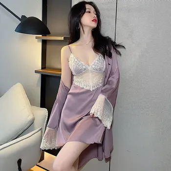 Lilla Rüü Sobiks Sügis Naiste Nightgowns Komplektid 2 Tk Nightdress Hommikumantel Koos Rinnus Pad Naine Rayon Kimono Vann Kleit Sleepwear