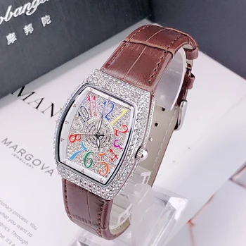 Naiste Luksus Teemant Kristall, Kellad Värviline Ristkülik Dial Nahast Quartz Watch Tüdruk Daamid Kell Unikaalne Disain Käekell