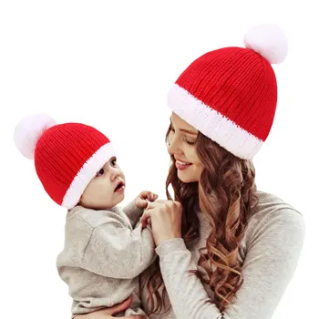 Pere Sobitamine Jõulud Müts Naiste Tüdruk, Poiss, Tahke Silmkoelised Pom Pom Palli Skullies Beanies Mütsid Soojad Mütsid-Kindad