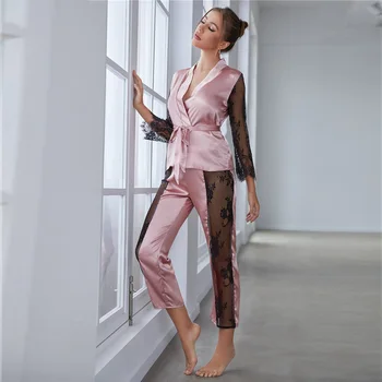 Naiste Pidžaama Komplekt V-Kaelus Disaini Luksuslik Pits Sleepwear Silk Satin Kodu Riided Vöö Siserõivad Pikad Varrukad Nightwear