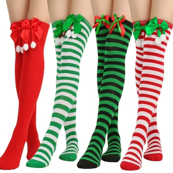 Naiste Jõulud Sokid Bowknot Palli Üle Põlve Triibulised Sokid Tüdrukutele Reie Kõrge Sokid Puuvillased Pikad Sukad