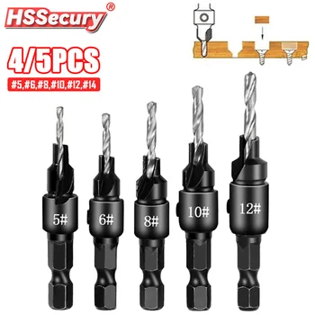 HSS Countersink Puurida 5tk #5 #6 #8 #10 #12 Puidutöötlemine Drill Bit Komplekt 1/4