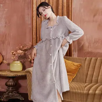 Coral Fliis Pikk Nightgowns Naiste Sleepwear Sügis-Talv Lapp Hommikumantel Lounge Kanda Elegants Prantsuse Kodu Kleit Nightwear