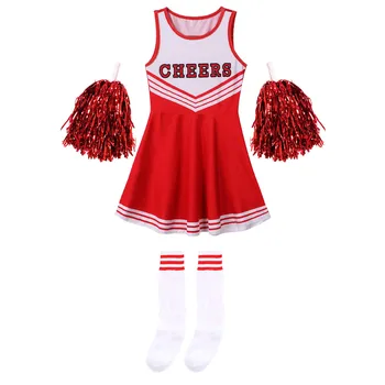 Tüdrukud Cheerleading Ühtne Varrukateta Tantsu Kostüüm Lapsed Kisakoori Riided Ümar Kaelus Kirja Prindi Kleit Lill ja Sokid