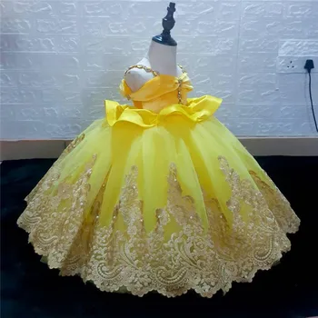 Armas Pundunud Kollane Pall Kleit Imiku Tüdruk Pageant Dress Flower Girl Kleidid Tülli Satiin Esimene Õhtusöömaaeg Kleit Uus Aasta
