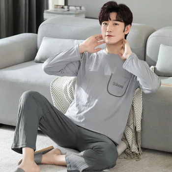 Puuvill korea Stiilis 2 Tükki Pidžaama Meeste vett hülgav Homewear Sügisel Lihtne Pyjama Mugav Sleepwear Mood Nightwear