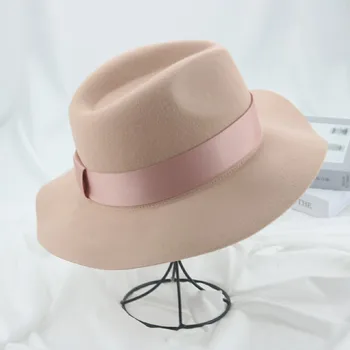 Villane Müts Fedora Tahke Lindi Bänd Roosa Hall Luksus Naiste Müts Väljas Pehme Kleit Ametliku Pulm Kaunistada Müts Sombreros De Mujer