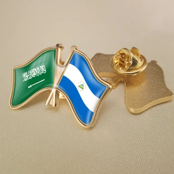 Saudi Araabia ja Nicaragua Ületanud Topelt Sõprus Lipud Rinnamikrofon Nööpnõelad Sõle Märgid