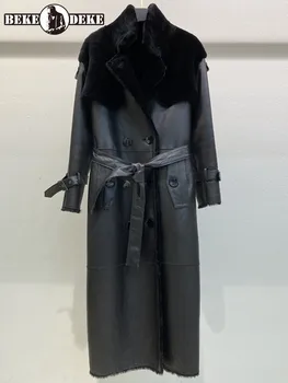 Luksuslik Naiste Pikk real Leather Coat Talvel Uued Soojad Villased Overcoat Elegantne Office Lady Täis Varrukad Topelt Karavan Ülerõivad M-XL