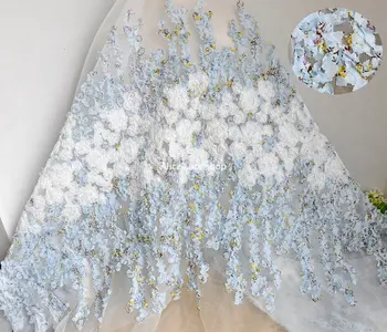 Sinine 3D lille tikandid organza kangast Valge sifonki õie organza tülli kangast tüdruk kleit Pulm kleit Kostüümid fabirc