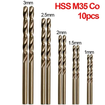 10tk/Set Twist Drill Bit Komplekt HSS-Co 5% M35 Koobalt Drill Bit 1mm 1,5 mm 2 mm 2,5 mm 3 mm Kasutatud Roostevaba Teras, Elektrilised Tööriistad