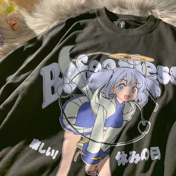 Puuvill Anime T-särk y2k Jaapani grunge Pikad varrukad Naine riided Kawaii Tüdruk Tops vintage pulovers riided Liiga t-särk