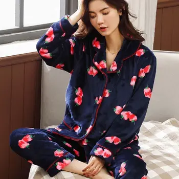 Talvel Soe Naiste Pidžaamad Komplekti Paks Coral Velvet Pikad Varrukad Cartoon Sleepwear Flanell Pidžaama Komplekt Pijama Mujer Homewear