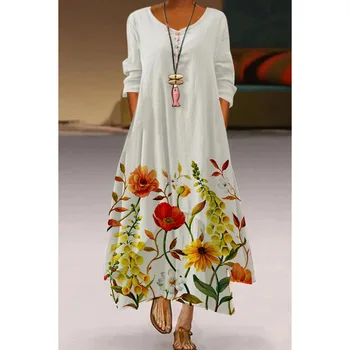 3D Print Õie Elegantsed Daamid Kleit Sobib Kõrge Vöökoht Pikad Varrukad Naiste Kleit Mood V-Kaeluse Lilled Boho Beachwear peokleidid