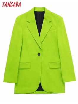 Tangada Naiste Mood üks Nupp Roheline Pintsak Vintage Mantel Pikk Varrukas Klapp Taskud Naiste Ülikond Ülerõivad 3H146