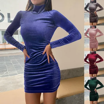 Harajuku Tahke Kõrge Kaelusega Seksikas Bodycon Velvet Mini Kleit Naiste Sügis Elegantne Pikk Varrukas Vabaaja Pool Mantel Kleit 2021 Sinine