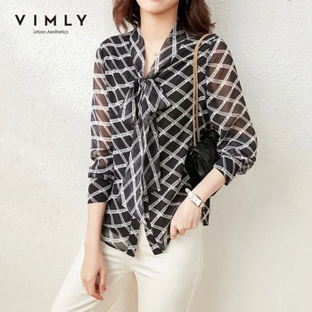 VIMLY Office Lady Särgid Naiste Mood Uus Täht Prindi Vibu Chiffon Pluus Vintage Nuppu üles-Särk Naiste Topid Blusas F6702
