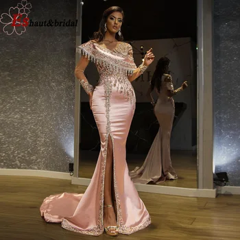 Elegantne Dubai Crystal Merineitsi Õhtul Öösel Kleit Naistele 2022 Pikkade Varrukatega O Kaela Pool Pilu Ametliku Pulm Prom Pool Hommikumantlid