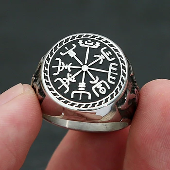 Vintage Roostevabast Terasest Kompass Viking Ringi Meeste Poisid Põhjamaade Viking Double Axe Ringi Mees Norse Mythology Ehted Kingitused
