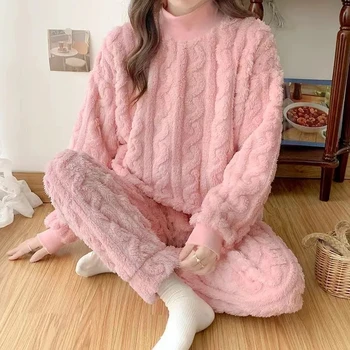 Talve Uus Naiste Flanell Pidžaama Komplekt Paks Soe Coral Velvet Sleepwear Pikad Varrukad Pyjama Homewear Riided