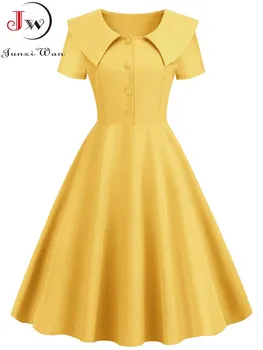 Vintage 50s Daamid Tahke Plisseeritud Kleit Elegantne Peter Pan Krae Naiste Suvine Kõrge Vöökoht Rockabilly Pinup Pool Midi Sundress