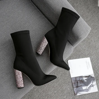 Uus Naiste Sokk Saapad Pikad Varba Elastne Glitter Kõrge Kontsaga Tõsta Kohta Pahkluu Pumbad Stiletto Botas Mujer Saapad Zapatos Muje 2020