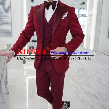 Uus Kostüüm Homme Burgundia Lilleline Muster 3 Töö Slim Fit Populaarne Riided Luksus Pool Etapi Meeste Ülikond Peigmees Pulmas Smoking