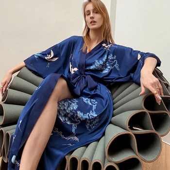 Naiste Pikk Rüü Nightgowns Prindi Kraana Kimono Hommikumantel Kleit Sleepwear Primavera Vabaaja Silk Satin Kodu Kleit Lounge Kanda