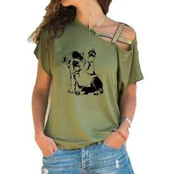 Uus inglise Buldog Koera Lemmiklooma Prindi Tee T-särk Naiste Top Lühike Varrukas Naiste topid riided Ebaregulaarne Viltune Rist Sidemega t-särk