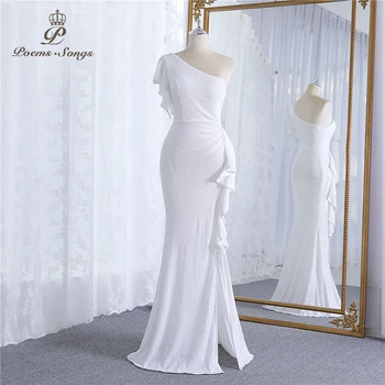 Sequin kleit ühe õla valge naiste õhtukleit vestidos formales vestidos de fiesta rüü de iltamat de mariage pool kleit
