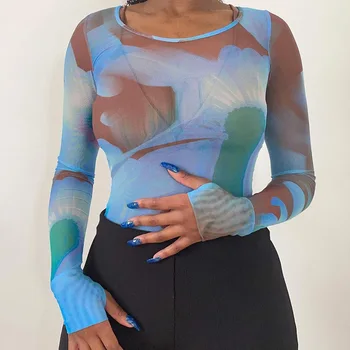 Y2K Tie Dye Printimiseks Crop Top Silma Õhuke Vaata Läbi Pika Varrukaga T-särk Naiste Suvel Higi Tee E-tüdruk Esteetiline Streetwear