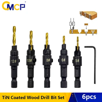 CMCP 5tk Countersink Drill Bit Tinaga Kaetud Puidust Drill Bit Set Screw Suurus #5 #6 #8 #10 #12 Kellel Mutrivõti Puidutööstuse Tööriistad