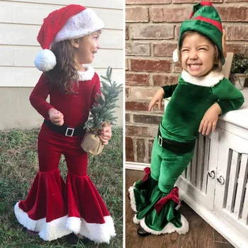 3tk Lapsed Tüdrukud Jõulud Cosplay Santa Osaline Kostüüm Komplekt Vastsündinud Baby Velvet Tops Bell-bottom Püksid, Müts Armas Uus Aasta Varustus