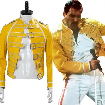 Kuninganna Freddie Mercury Cosplay Kostüüm Kollane Jope Nahast Mantel Riided Sobivad