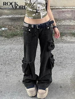 Rockmore Must Retro Madal Vöökoht Teksad Naiste Mood Punk Tasku Cargo Püksid Y2K Grunge Puuvillased Denim Jean korea Pikad Püksid