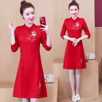 Punane Qipao Hiina Kleit Naiste Tikandid Pikad Varrukad 2022 Cheongsam Traditsiooniline Rüü Orientale Kaasaegne Vestido Chino Mujer