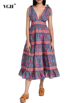 VGH Vintage Print Colorblock Kleit naistele, V-Kaeluse Varrukateta Backless Kõrge Vöökoht Lace Up Pikad Kleidid Naine Riietus Mood