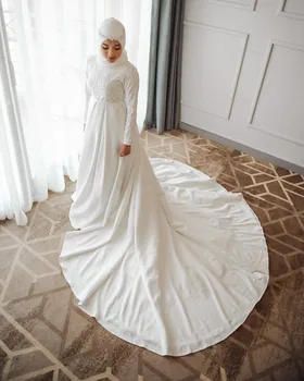 Elegantne Moslemi Pulmad Kleidid, Pikad Varrukad-Line Hajab Pruudi Kleit Vestido De Noiva 2023 Dubai Araabia Pruudi Hommikumantlid