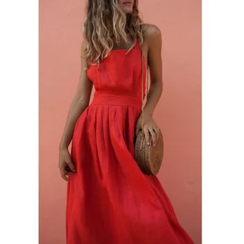 2022 Suvel Seksikas Kleit Õõnes Naiste Backless Risti Pingutusnöör Beach Kleidid Rihm Punane Vintage Sundress Naiste Boho Femme Rüü