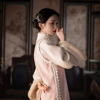 Roosa Pikk Qipao Magus Vintage Hiina Kleit Hanfu Naiste Traditsiooniline Harajuku Rüü Orientale Naine Paksenema Cheongsams Talve Uus