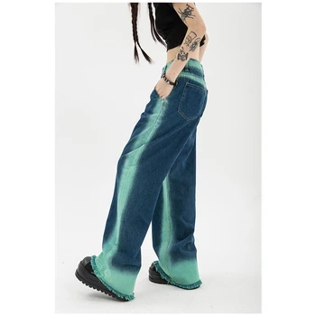 Naiste Teksad, Kõrge Vöökoht Vintage Sirge Kottis Püksid Stiilne Disain Streetwear Gradient Värvi Hip-Hop Y2K Denim Lai Jalg Pükste