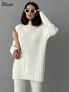 Naiste Kõrge Kaelusega Kootud Sweatersuit Tahke Slim Pulloverid Ja Lai Jalg Püksid 2-Osaline Komplekt, Sügis-Talv Soe Streetwear Varustus