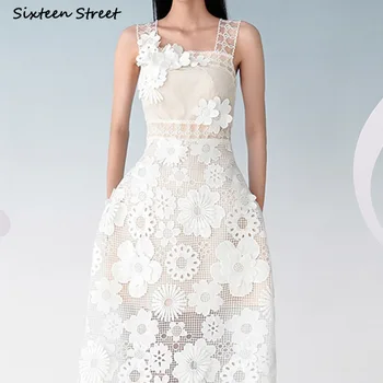 Uued Tikandid Lill Naiste Kleit Valge Pits 2023 Suvel Vintage Bodycon Kleit Varrukateta Konks Õõnes Elegantne Vestidos L